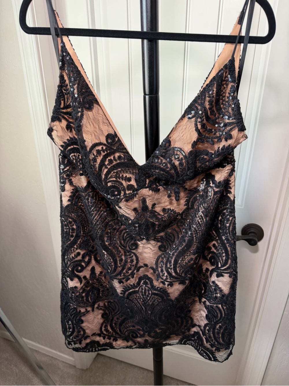 Free People Mignonette Black Lace Sequin Camisole with Nude Lining